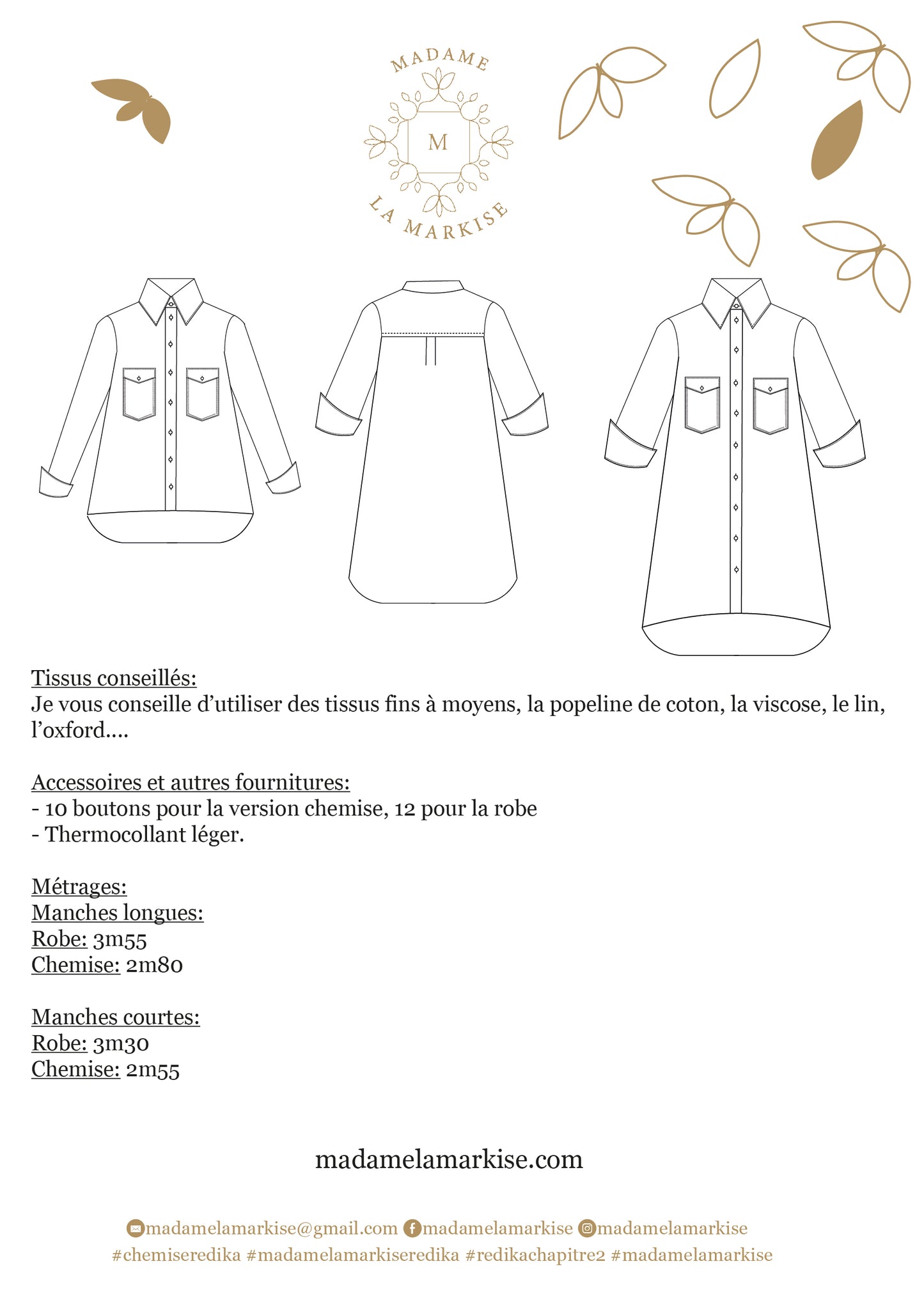 Patron couture: REDIKA, chapitre II : La chemise/robe - Format PDF