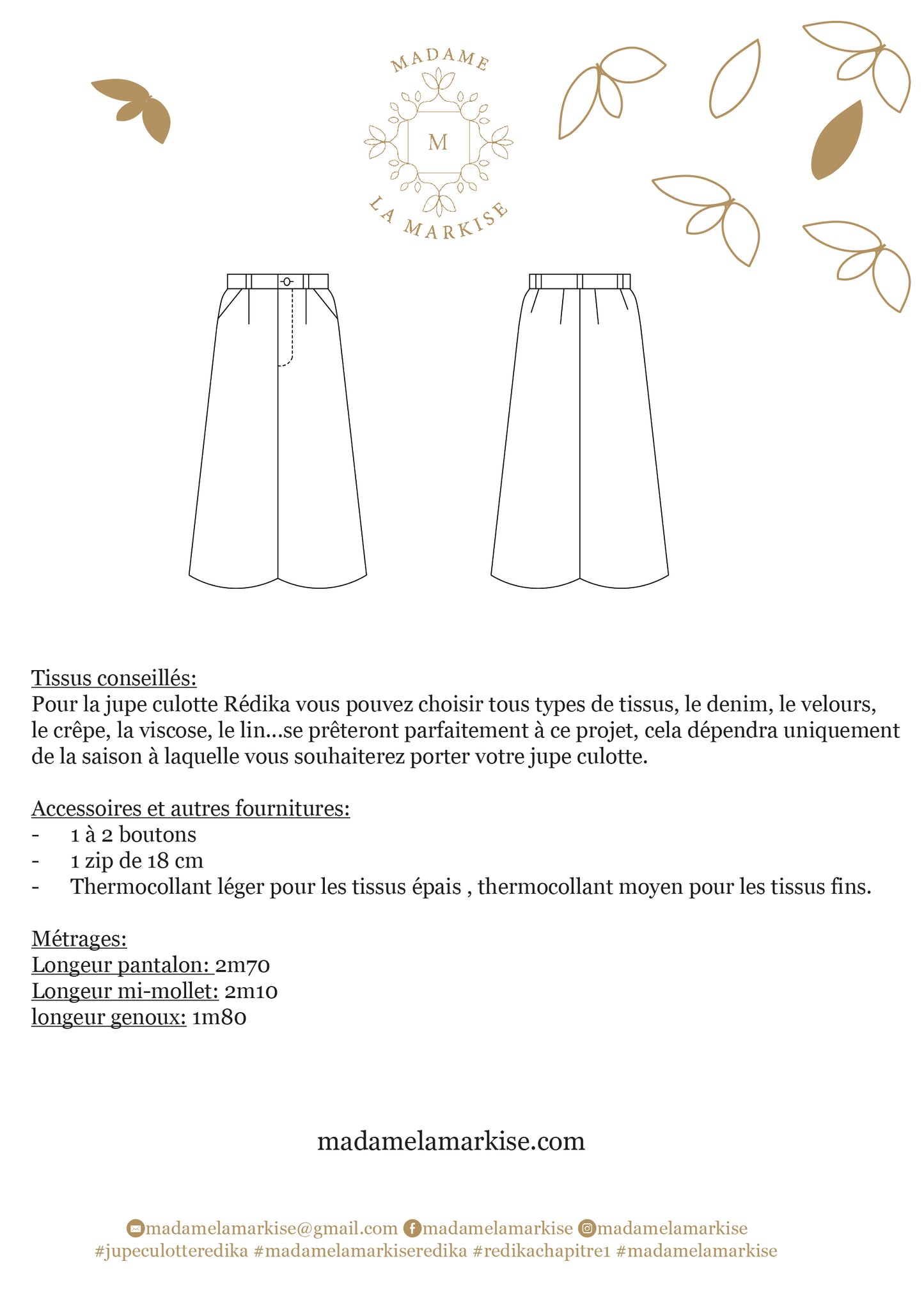 Patron couture: REDIKA, chapitre I : La jupe culotte  - Format PDF